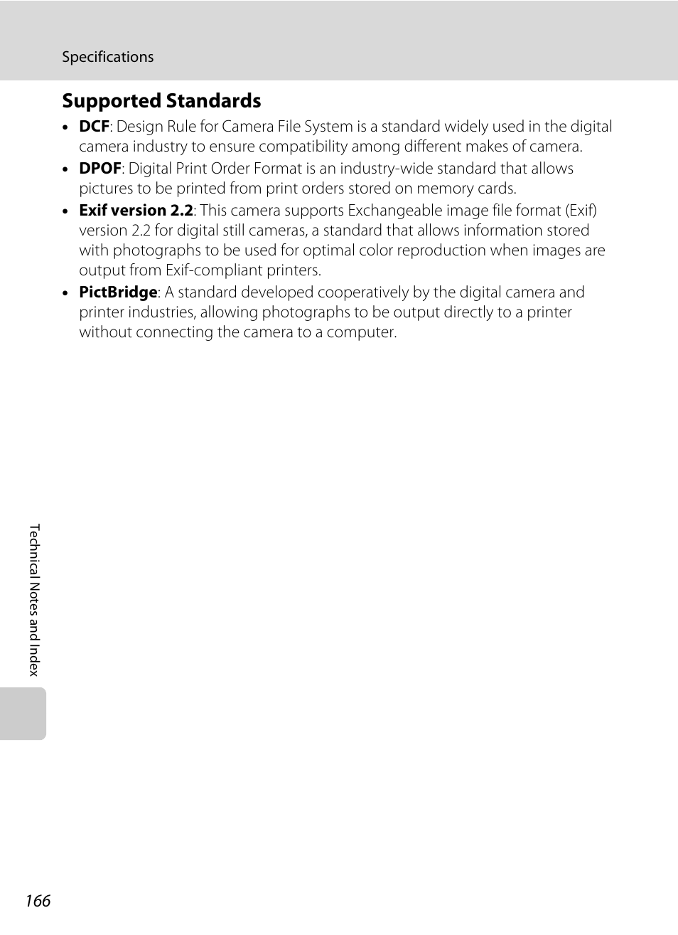 Supported standards, A 166) pr, Tible | A 166) printers | Nikon S205 User Manual | Page 178 / 184