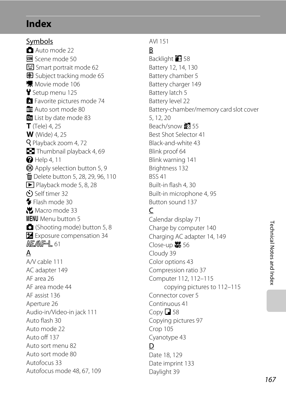 Index | Nikon S205 User Manual | Page 179 / 184