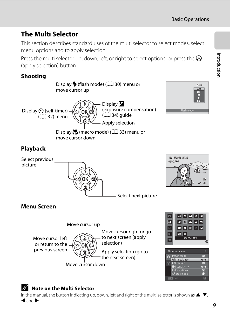 The multi selector, Shooting playback menu screen | Nikon S205 User Manual | Page 21 / 184