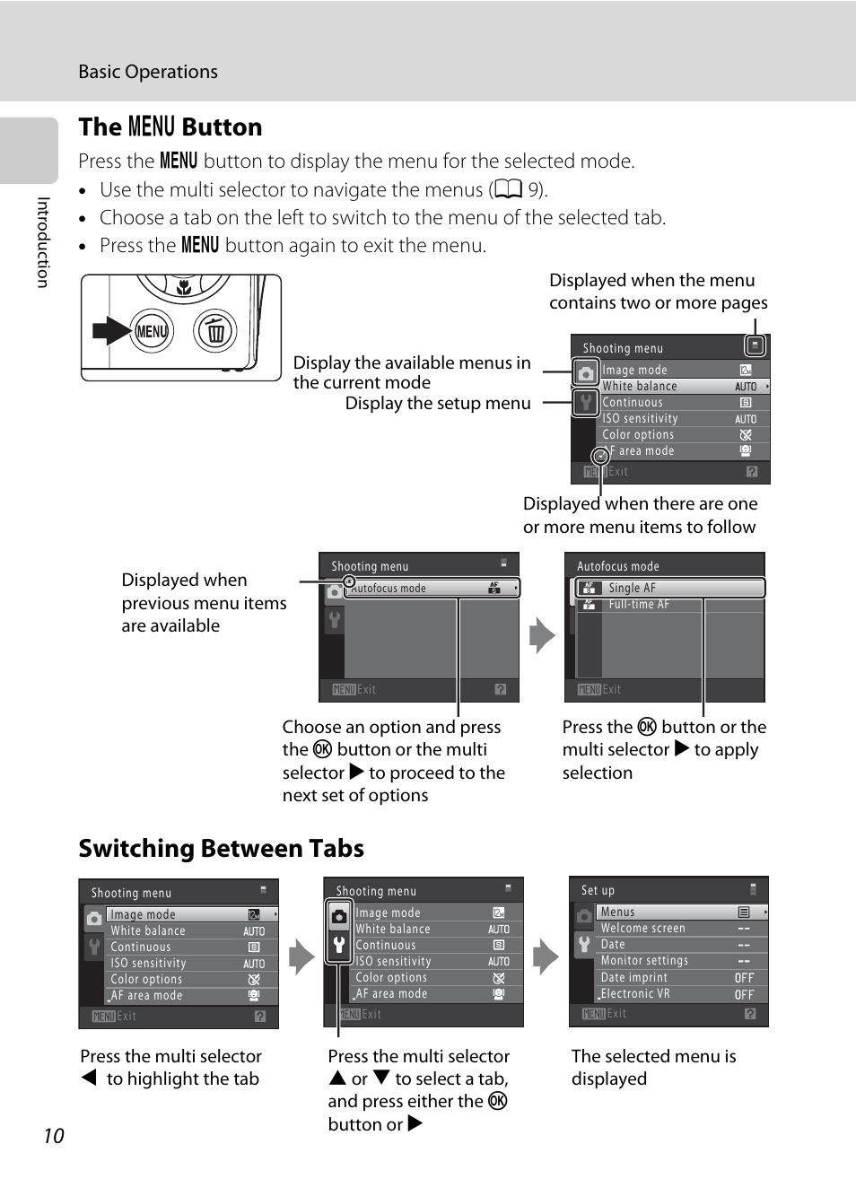 The menu button, Switching between tabs, D button | The d button | Nikon S205 User Manual | Page 22 / 184