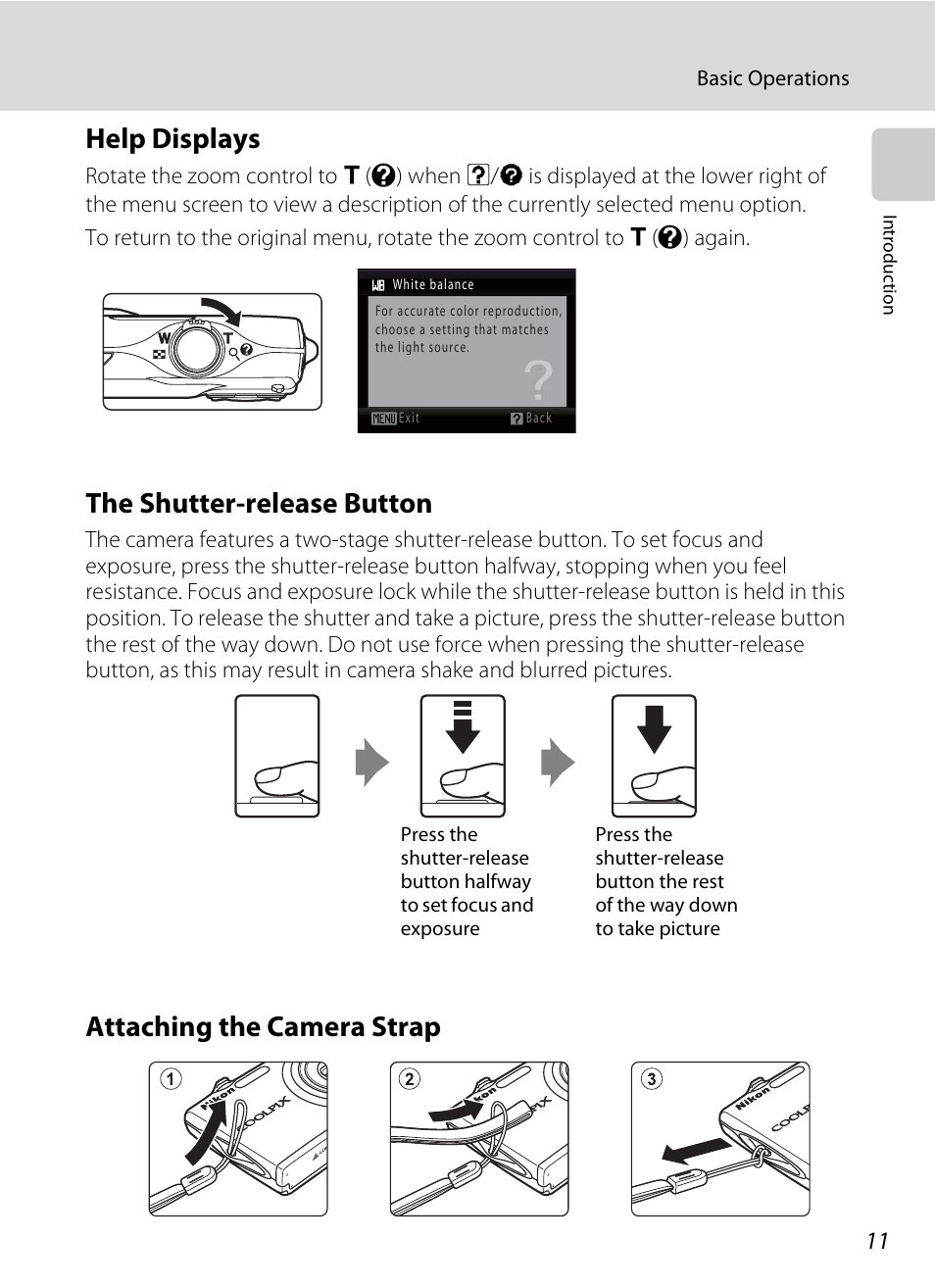 Help displays, The shutter-release button, Attaching the camera strap | Nikon S205 User Manual | Page 23 / 184