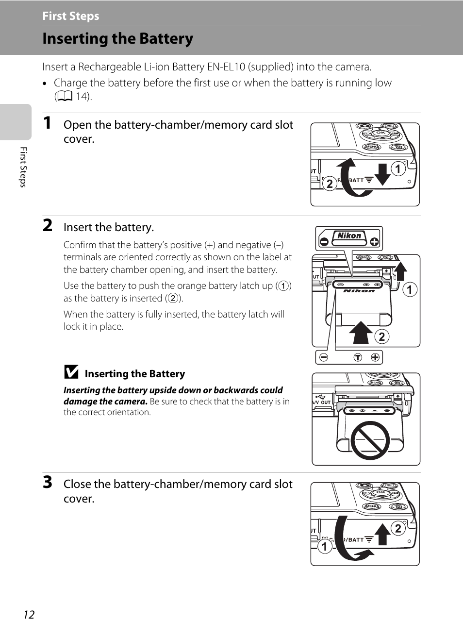 First steps, Inserting the battery | Nikon S205 User Manual | Page 24 / 184