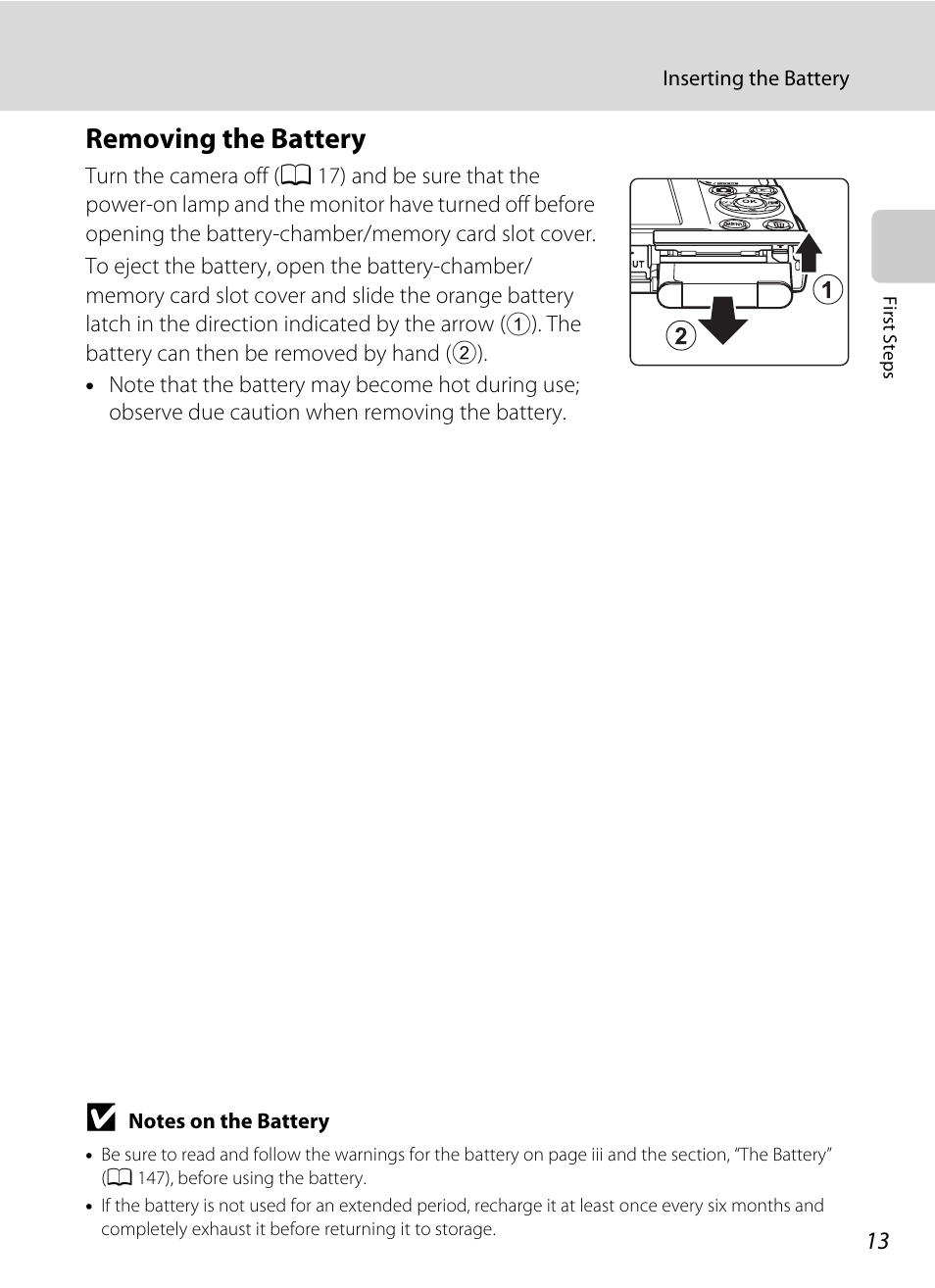 Removing the battery | Nikon S205 User Manual | Page 25 / 184