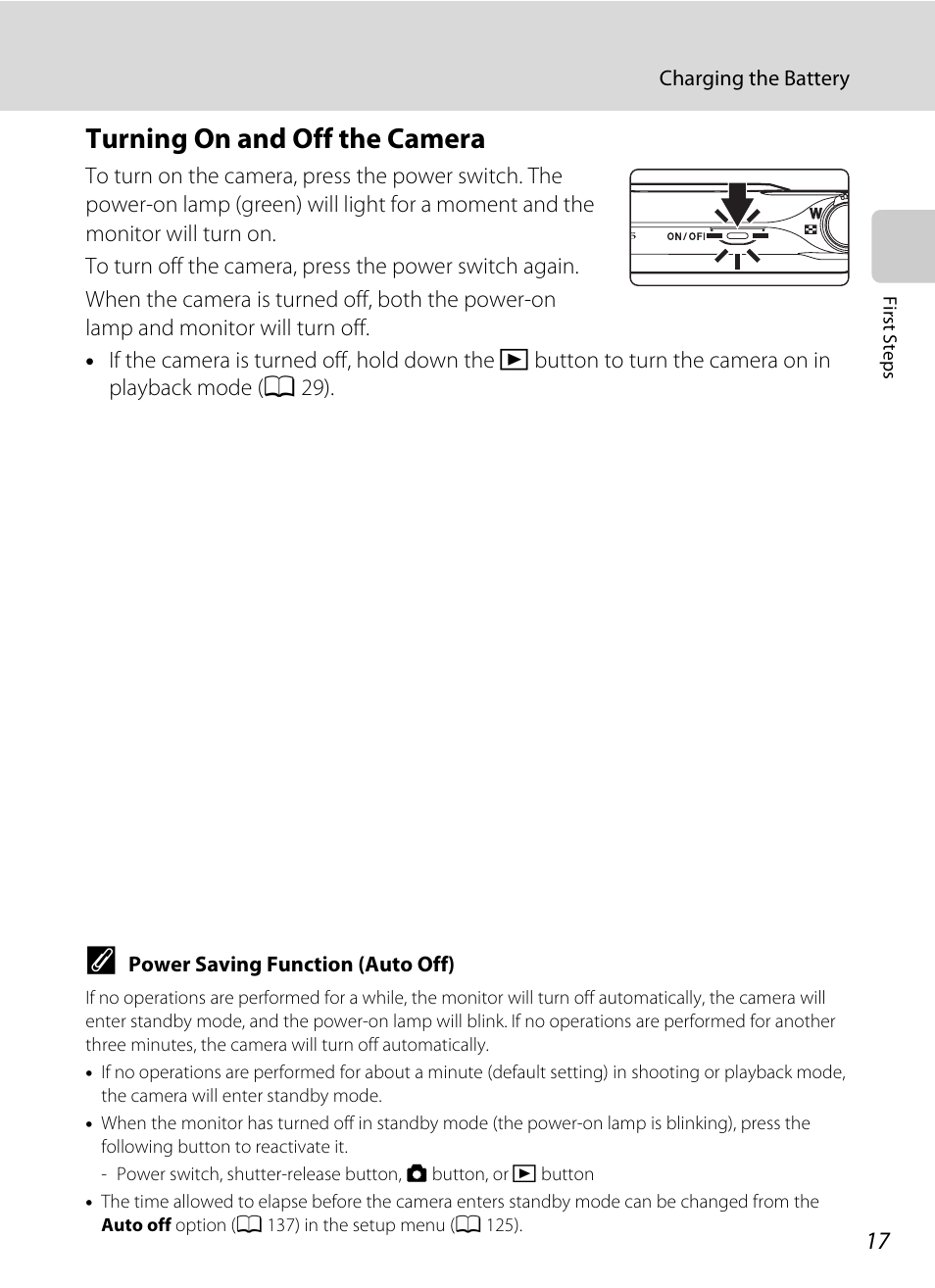 Turning on and off the camera, A 17) and be sure | Nikon S205 User Manual | Page 29 / 184