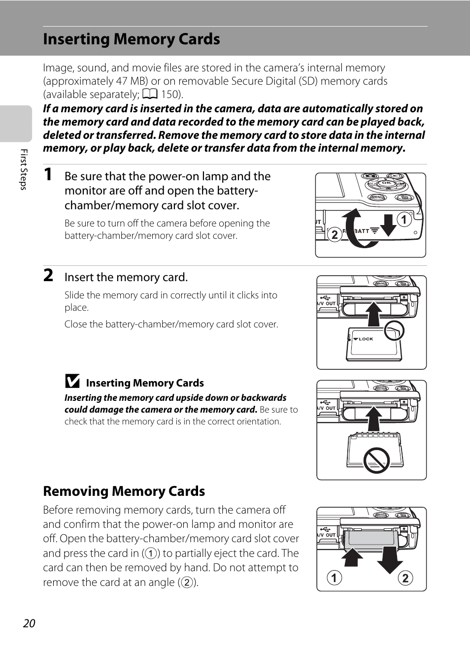 Inserting memory cards, Removing memory cards | Nikon S205 User Manual | Page 32 / 184