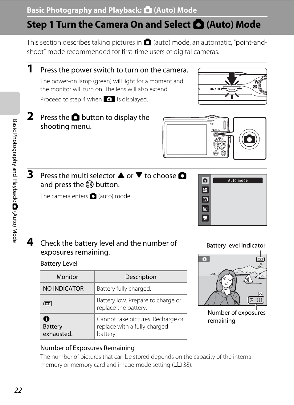 Basic photography and playback: auto mode, Step 1 turn the camera on and select auto mode, Basic photography and playback: a (auto) mode | Step 1 turn the camera on and select a (auto) mode | Nikon S205 User Manual | Page 34 / 184