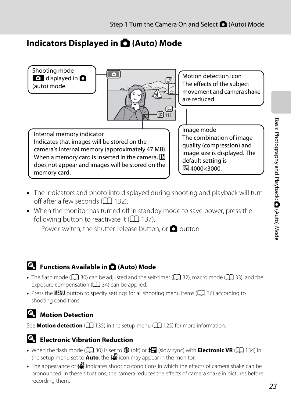 Indicators displayed in auto mode, Indicators displayed in a (auto) mode | Nikon S205 User Manual | Page 35 / 184