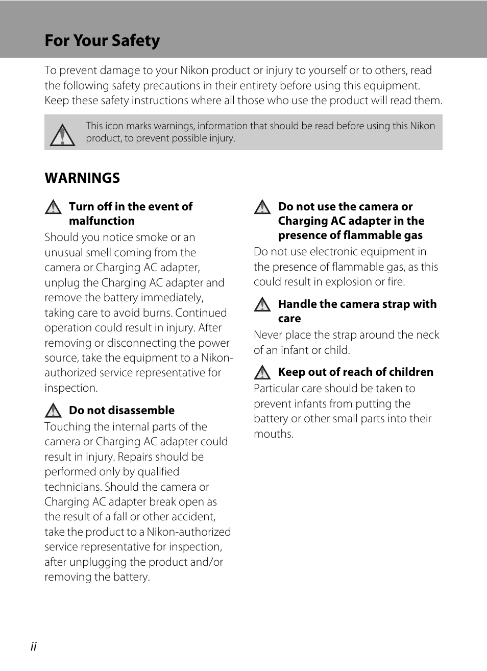 For your safety, Warnings | Nikon S205 User Manual | Page 4 / 184