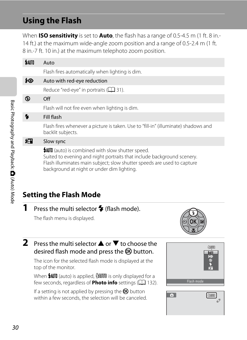 Using the flash, Setting the flash mode, A 30) menu | A 30) can, A 30), A 30 | Nikon S205 User Manual | Page 42 / 184