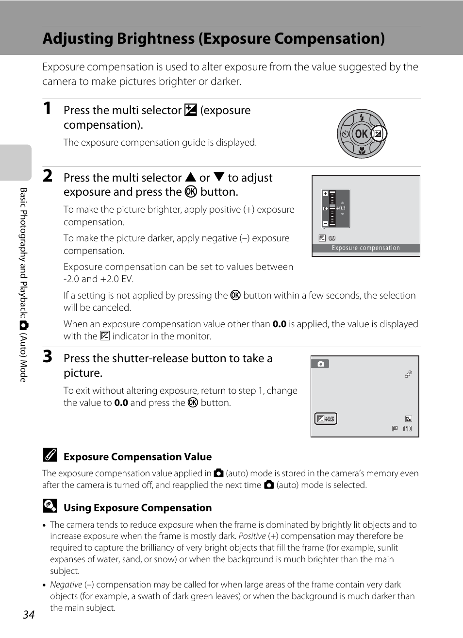 Adjusting brightness (exposure compensation), A 34) gu, A 34) can be | Nikon S205 User Manual | Page 46 / 184