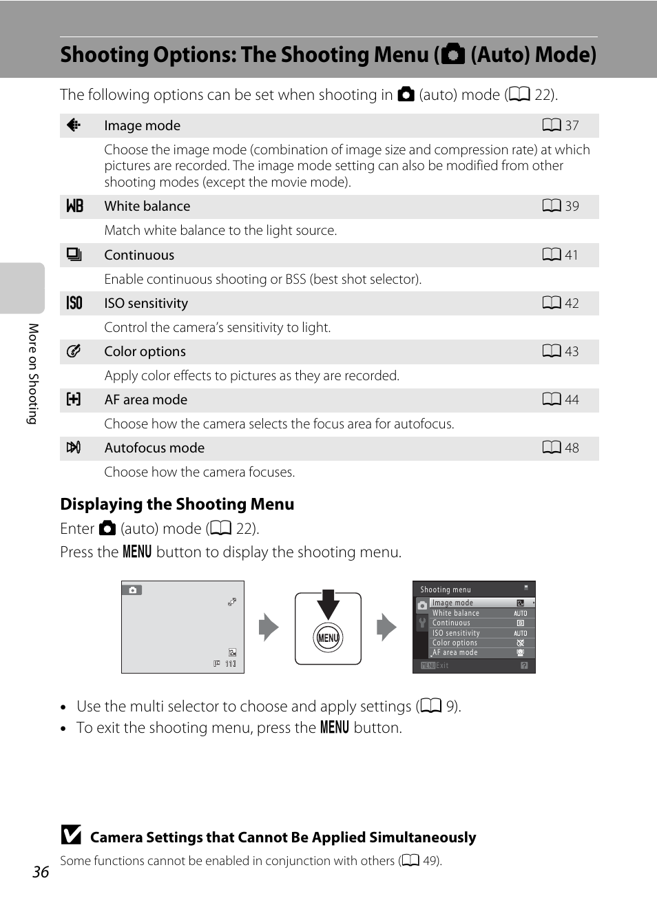 Shooting options: the shooting menu (auto mode), A 36) accor, A 36) | Displaying the shooting menu | Nikon S205 User Manual | Page 48 / 184