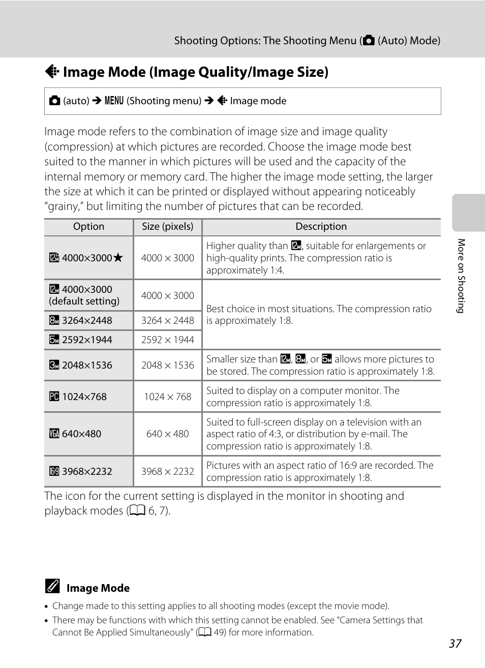 Image mode (image quality/image size), A image mode (image quality/image size), A 37) and | A 37 | Nikon S205 User Manual | Page 49 / 184