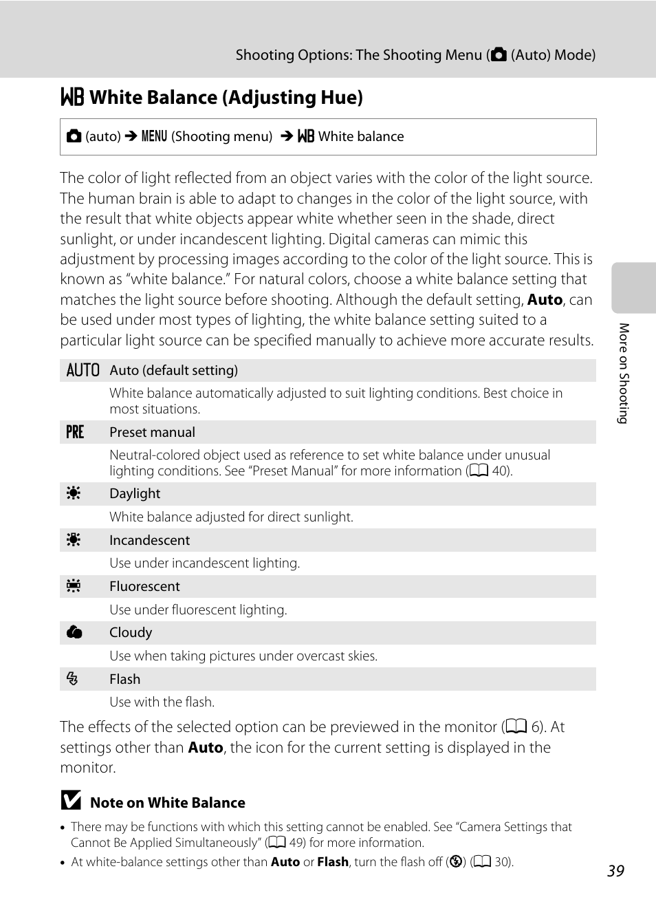 White balance (adjusting hue), B white balance (adjusting hue), A 39 | Nikon S205 User Manual | Page 51 / 184