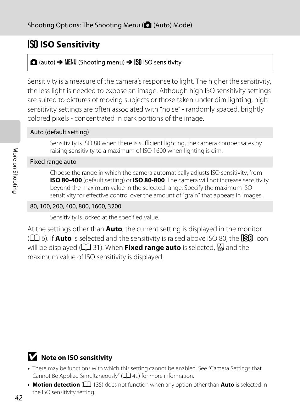 Iso sensitivity, E iso sensitivity, A 42 | Nikon S205 User Manual | Page 54 / 184