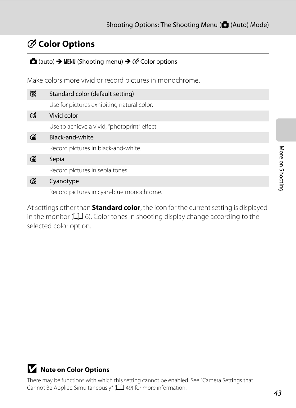 Color options, F color options, A 43 | Nikon S205 User Manual | Page 55 / 184