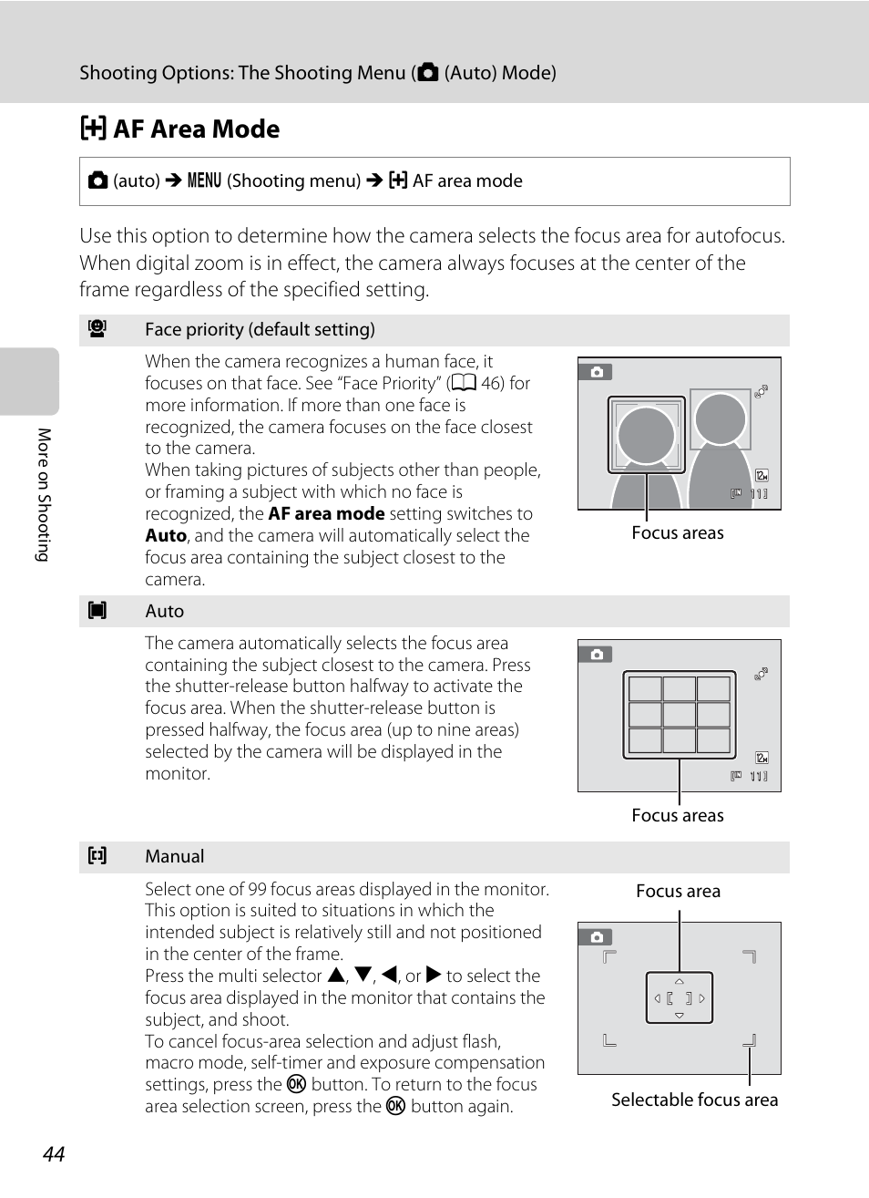 Af area mode, G af area mode, A 44) and | A 44 | Nikon S205 User Manual | Page 56 / 184