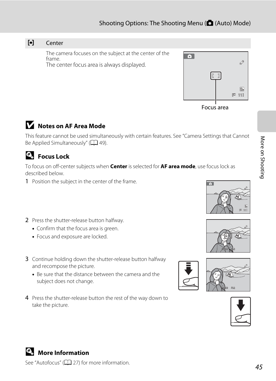 Lock, A 45), Focus lock | More information | Nikon S205 User Manual | Page 57 / 184