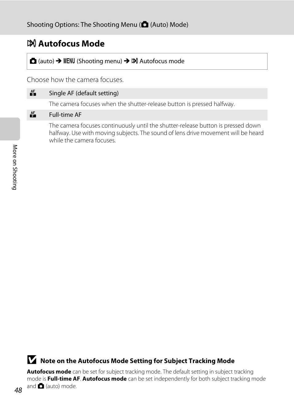 Autofocus mode, I autofocus mode, A 48 | Nikon S205 User Manual | Page 60 / 184