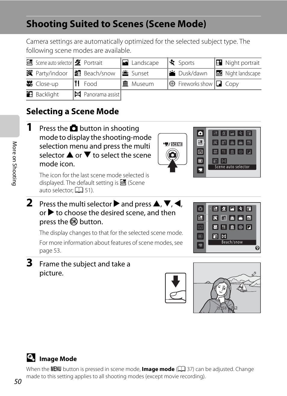 Shooting suited to scenes (scene mode), Selecting a scene mode, A 50 | Nikon S205 User Manual | Page 62 / 184