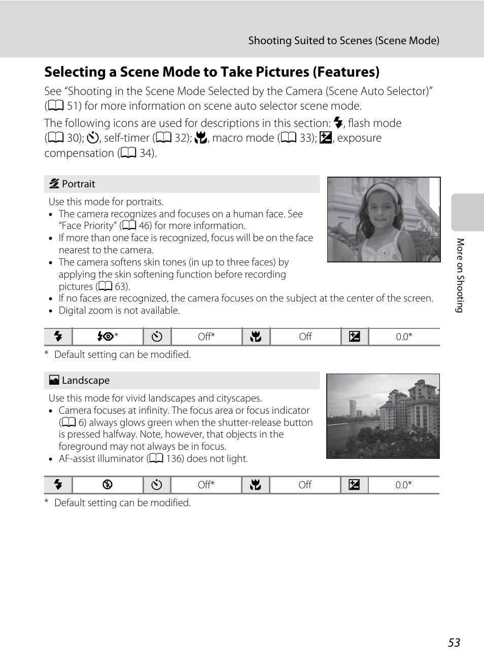 Selecting a scene mode to take pictures (features), A 53–59), A 53) and | A 53) | Nikon S205 User Manual | Page 65 / 184