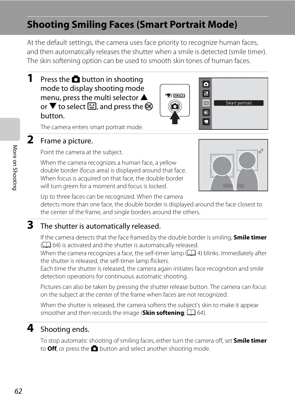 Shooting smiling faces (smart portrait mode), A 62, Mode | A 62), 62) is act | Nikon S205 User Manual | Page 74 / 184