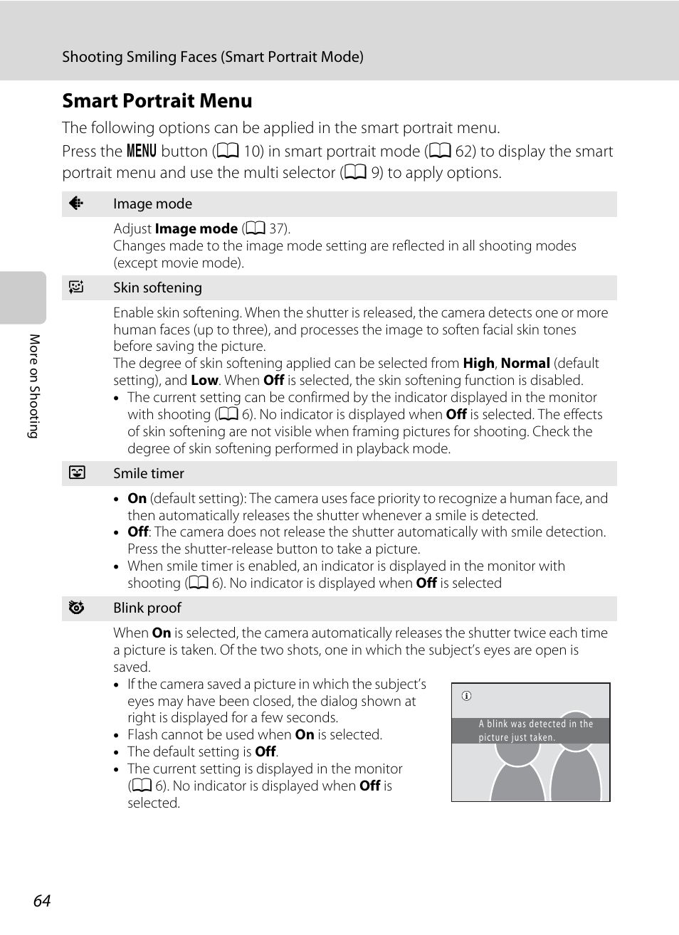 Smart portrait menu, A 64) | Nikon S205 User Manual | Page 76 / 184