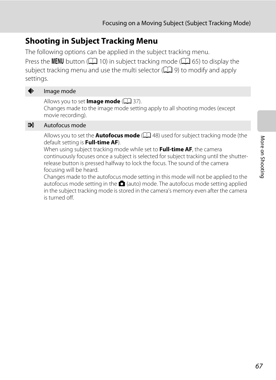 Shooting in subject tracking menu, A 67) | Nikon S205 User Manual | Page 79 / 184