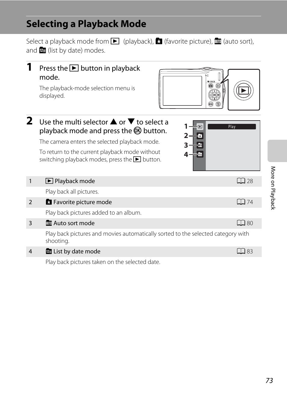 Selecting a playback mode | Nikon S205 User Manual | Page 85 / 184