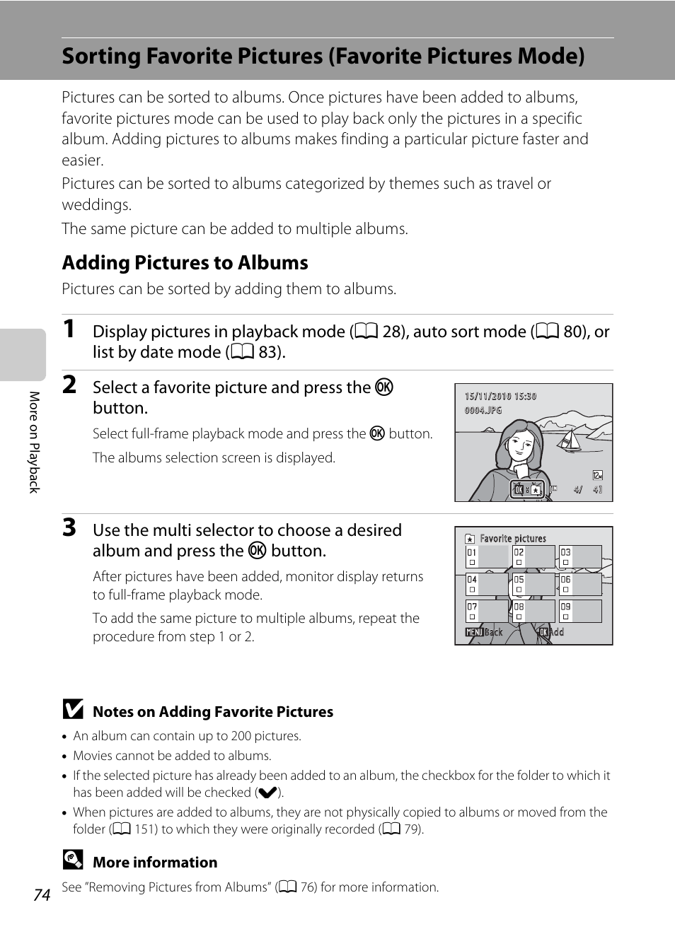 Sorting favorite pictures (favorite pictures mode), Adding pictures to albums, A 74) | A 74 | Nikon S205 User Manual | Page 86 / 184