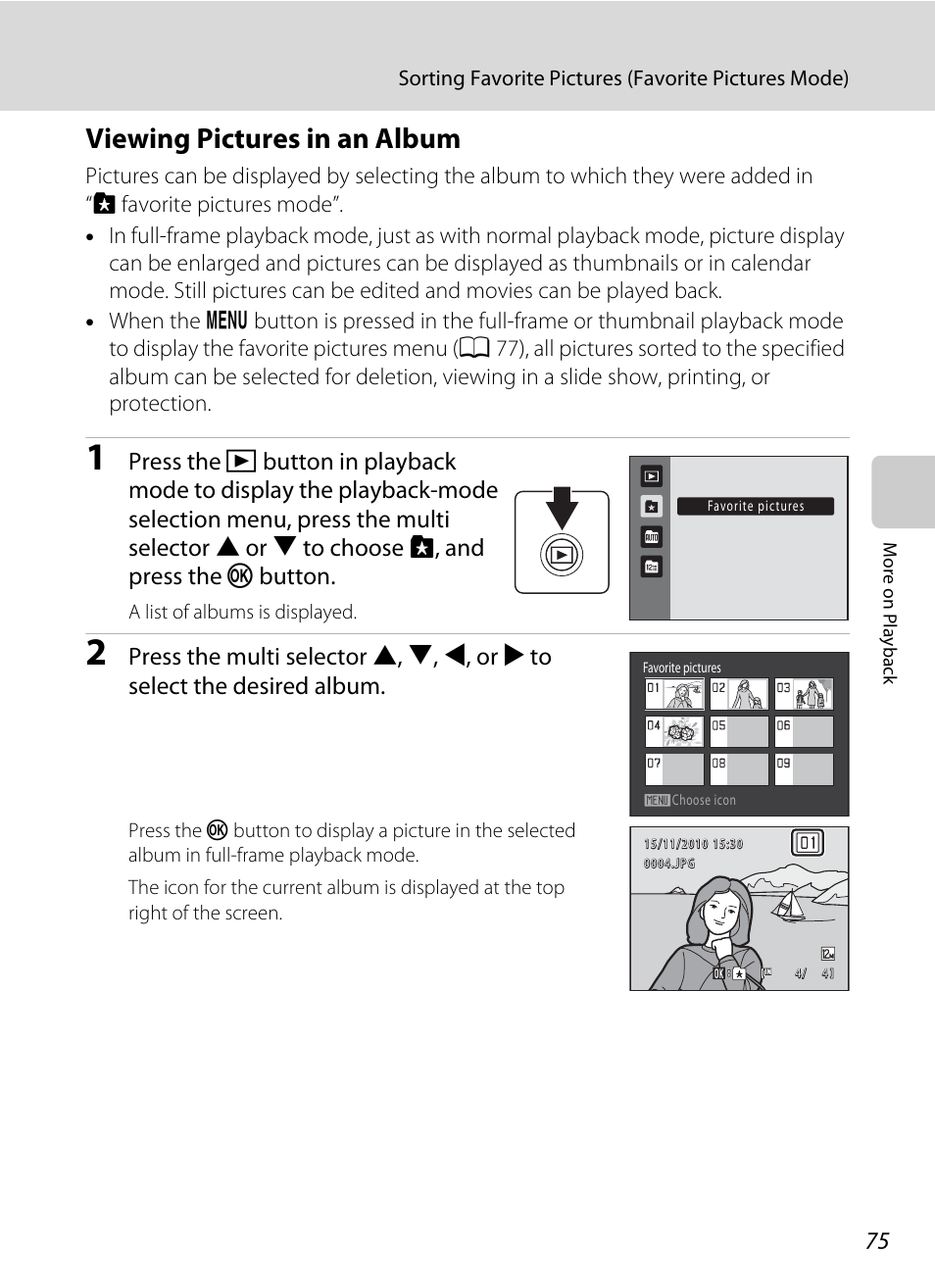 Viewing pictures in an album | Nikon S205 User Manual | Page 87 / 184