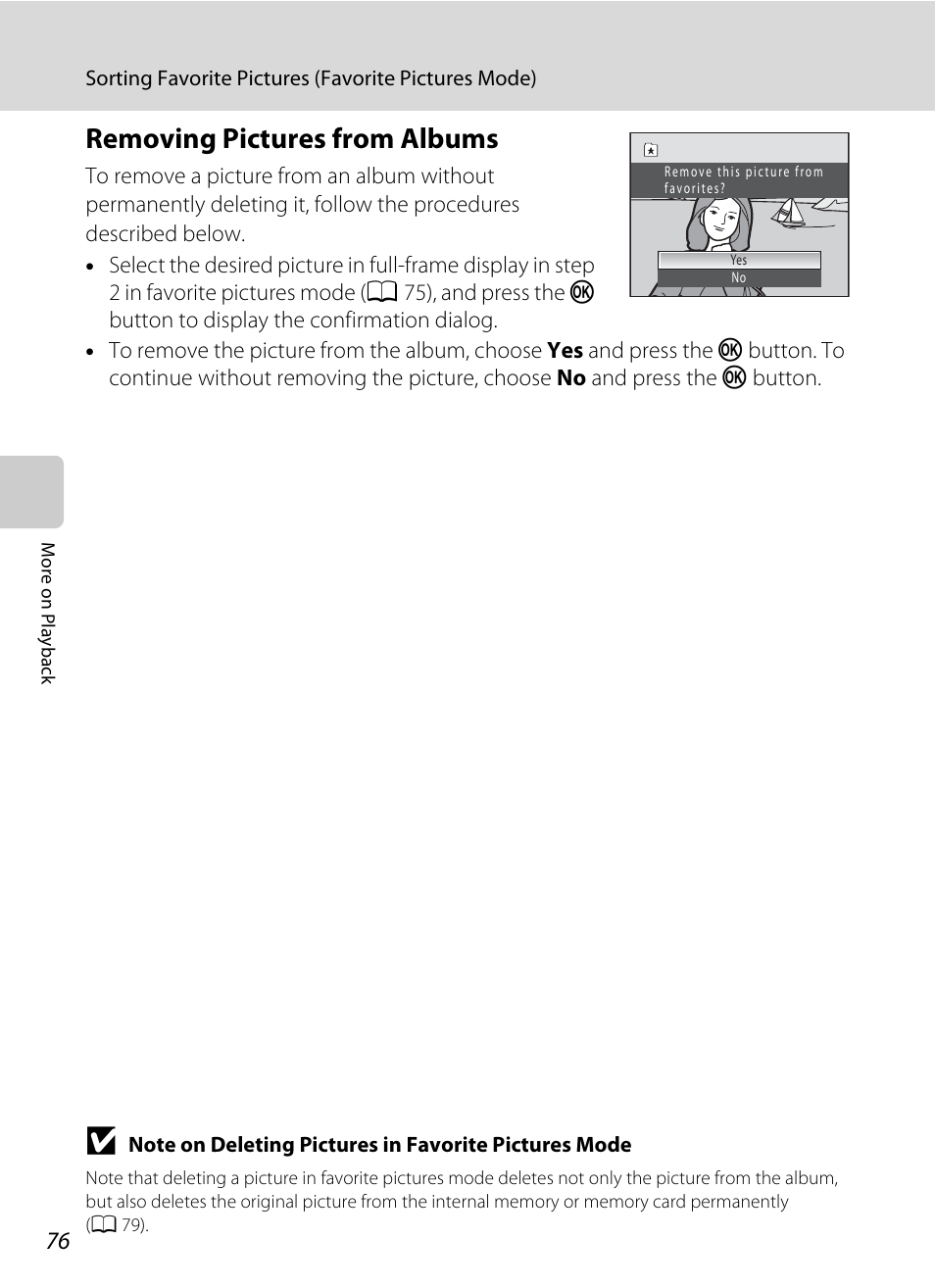 Removing pictures from albums, Ee ”removing pictures from albums, A 76) f | Nikon S205 User Manual | Page 88 / 184