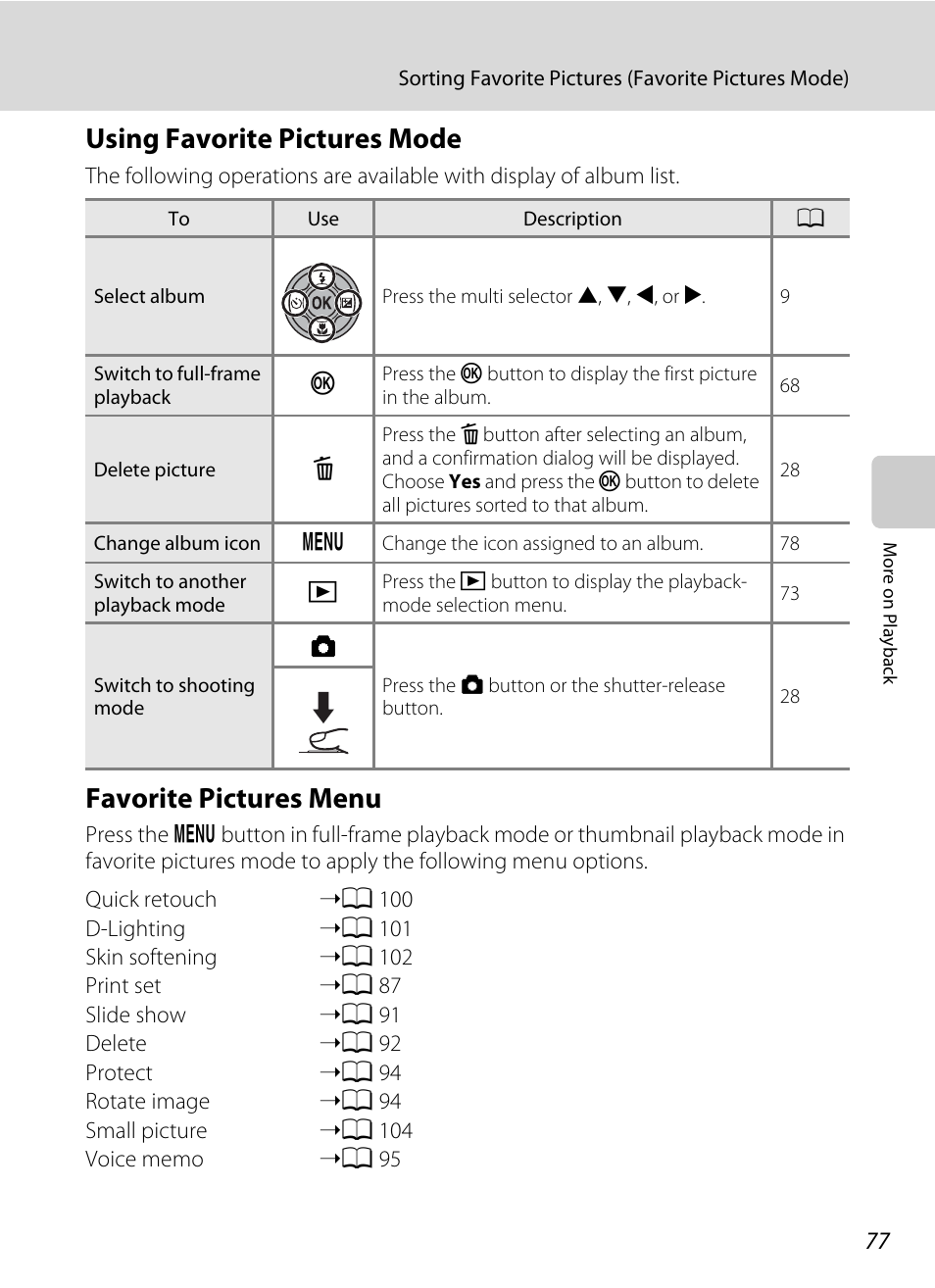 Using favorite pictures mode, Favorite pictures menu, A 77) | Nikon S205 User Manual | Page 89 / 184