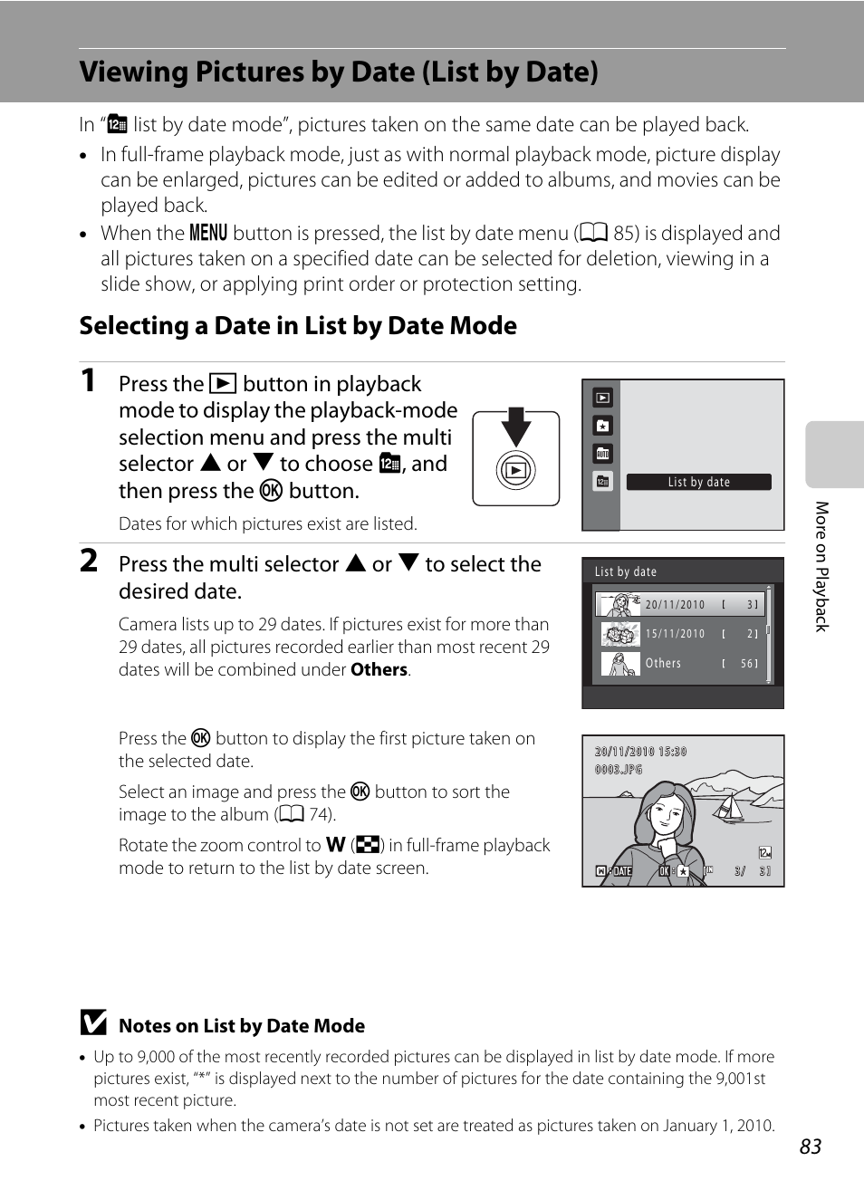 Viewing pictures by date (list by date), Selecting a date in list by date mode, A 83 | A 83) | Nikon S205 User Manual | Page 95 / 184