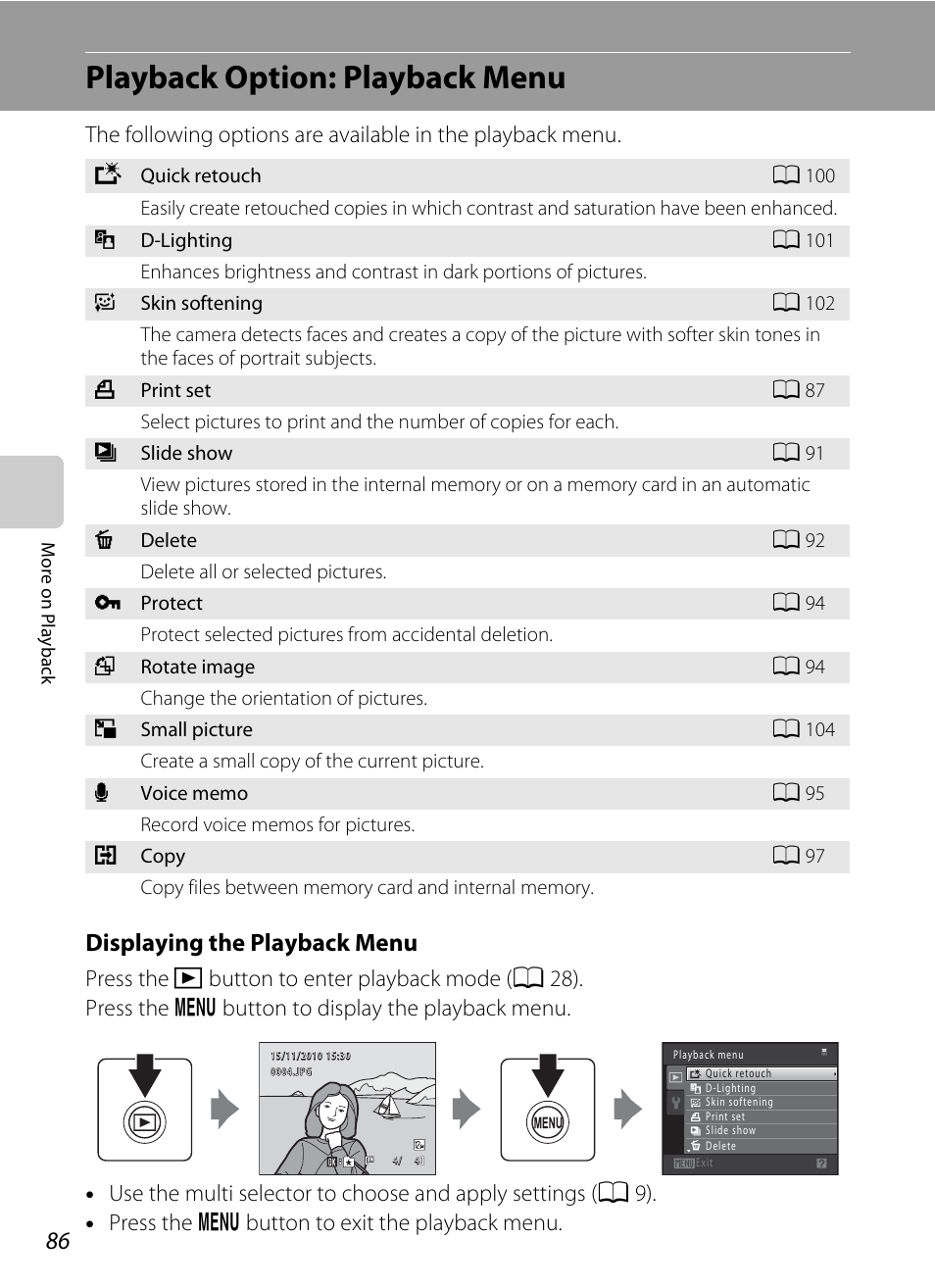 Playback option: playback menu, A 86), the, Displaying the playback menu | Nikon S205 User Manual | Page 98 / 184