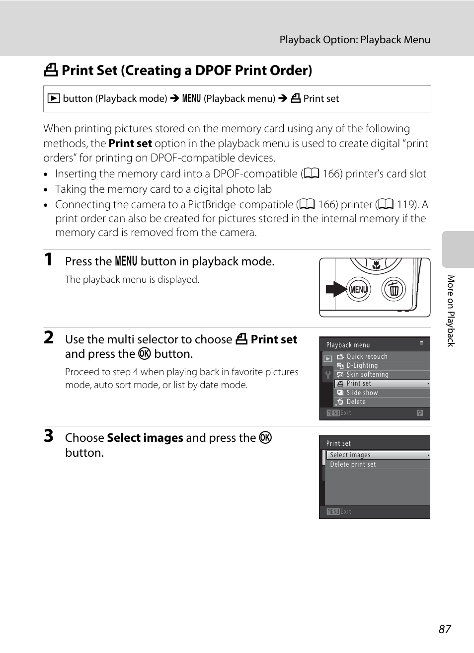 Print set (creating a dpof print order), A print set (creating a dpof print order), A 87) | A 87 | Nikon S205 User Manual | Page 99 / 184