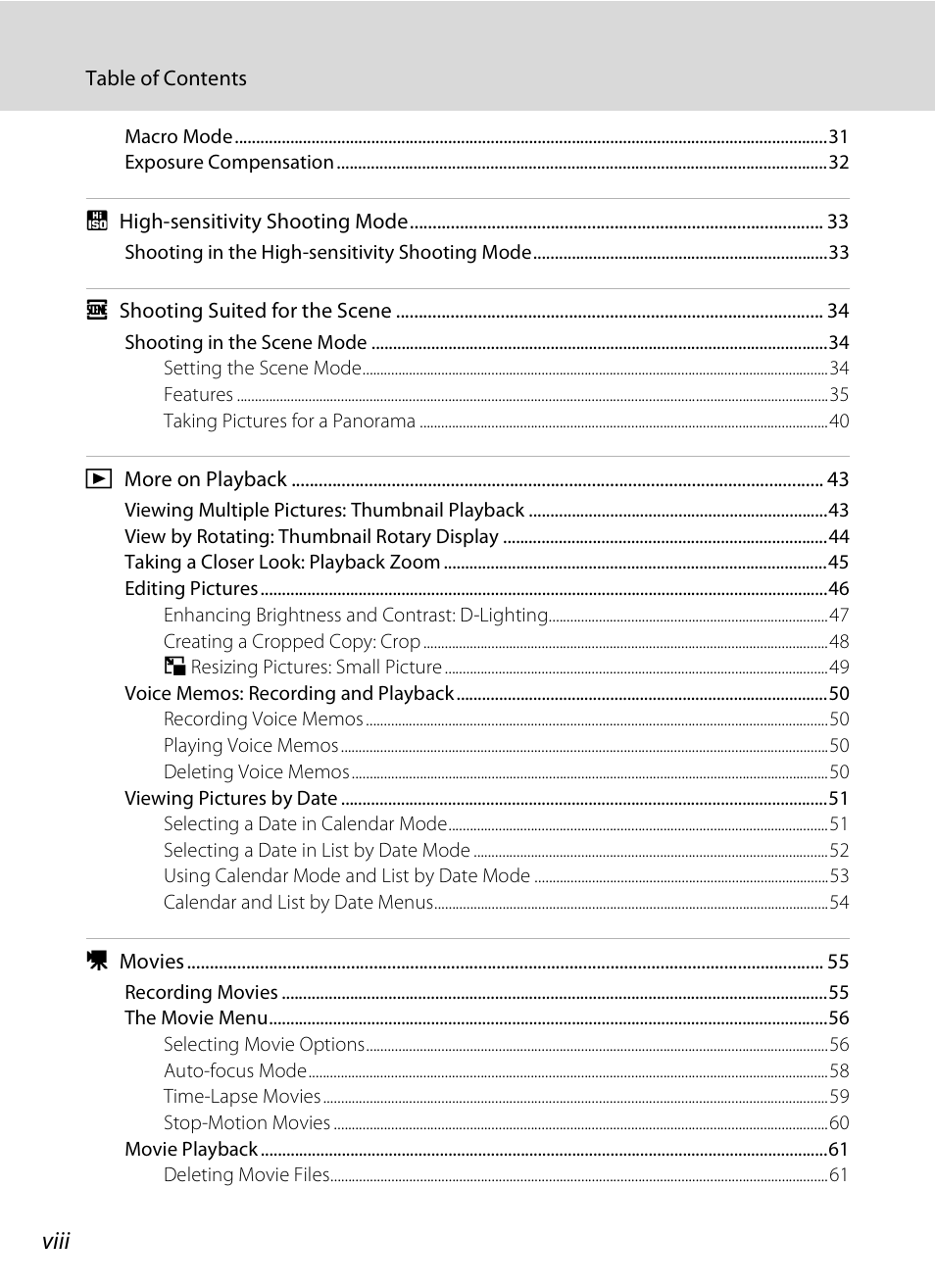 Viii | Nikon S510 User Manual | Page 10 / 148