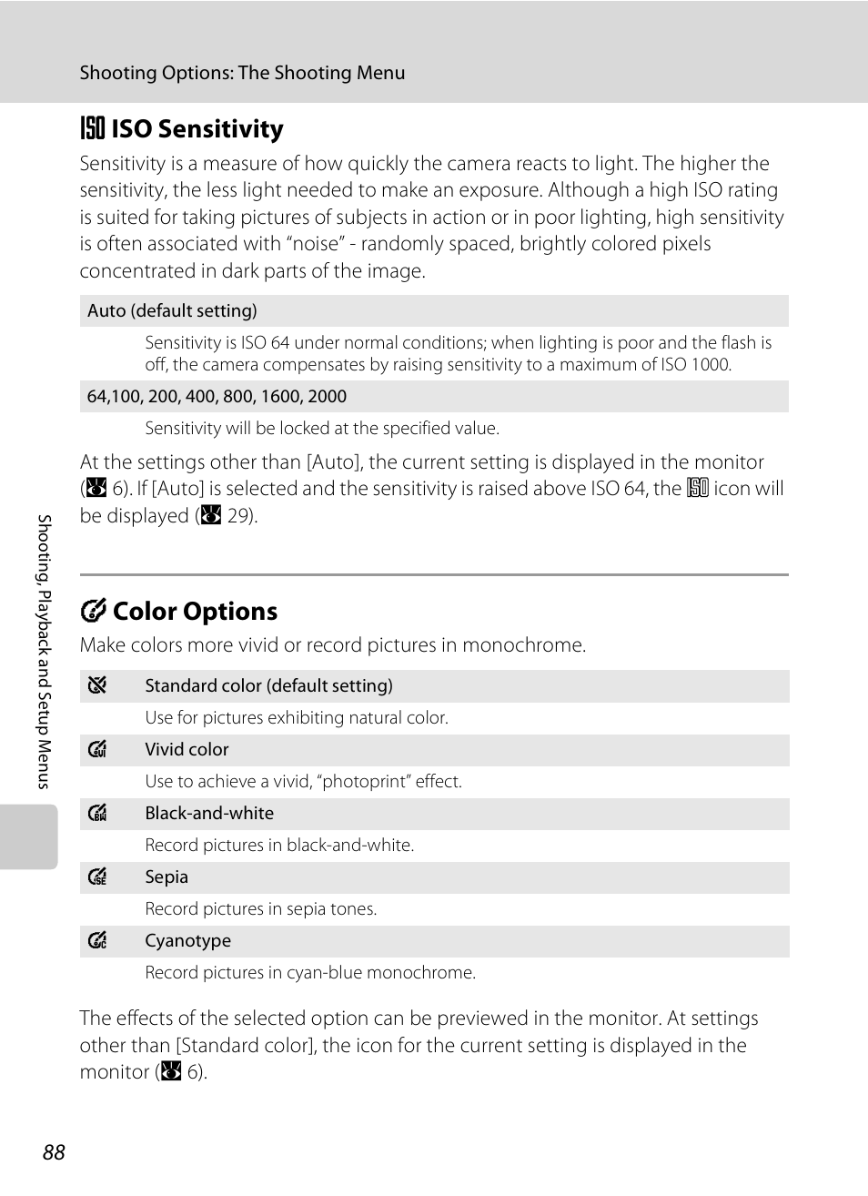 Iso sensitivity, Color options, E iso sen | A 88), A 88, E iso sensitivity, F color options | Nikon S510 User Manual | Page 100 / 148