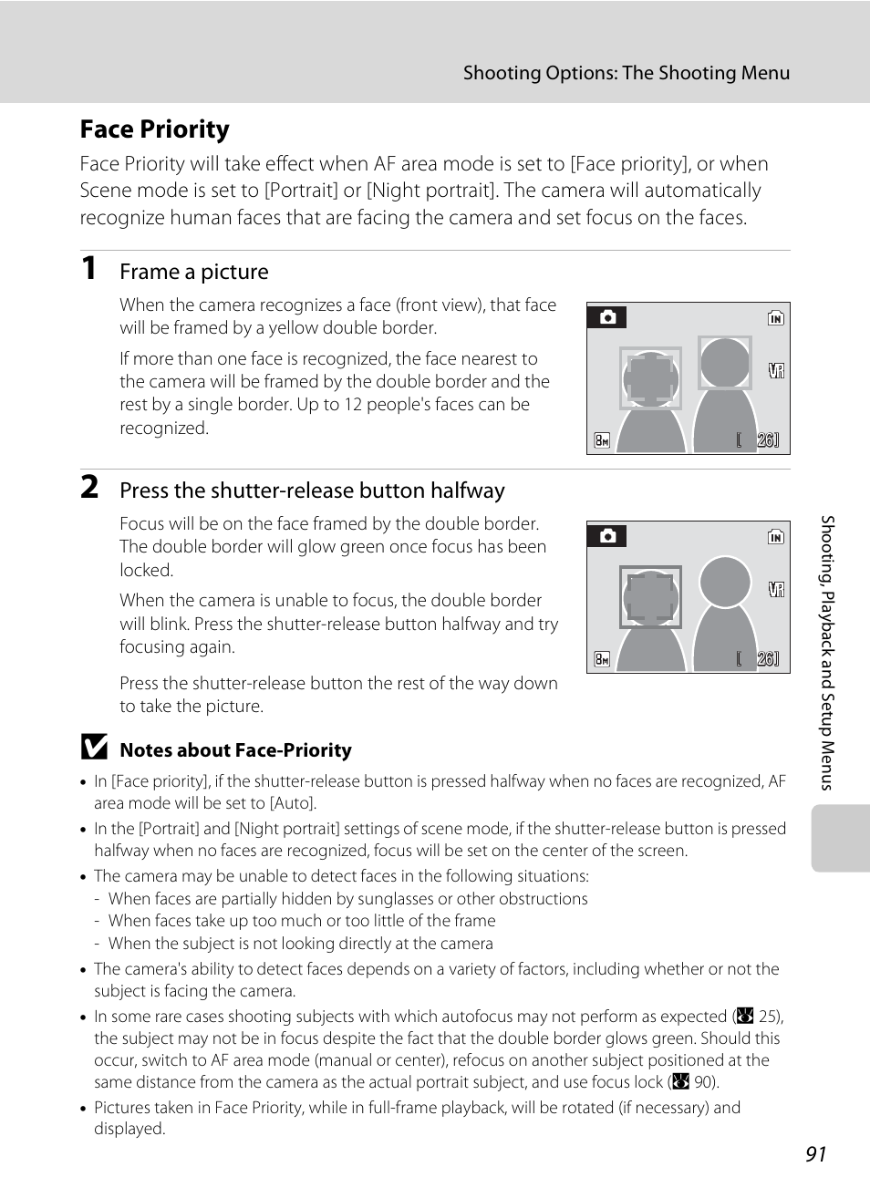 Face priority, Face priority” (a 91), A 91) fo | A 91) for, Frame a picture, Press the shutter-release button halfway | Nikon S510 User Manual | Page 103 / 148