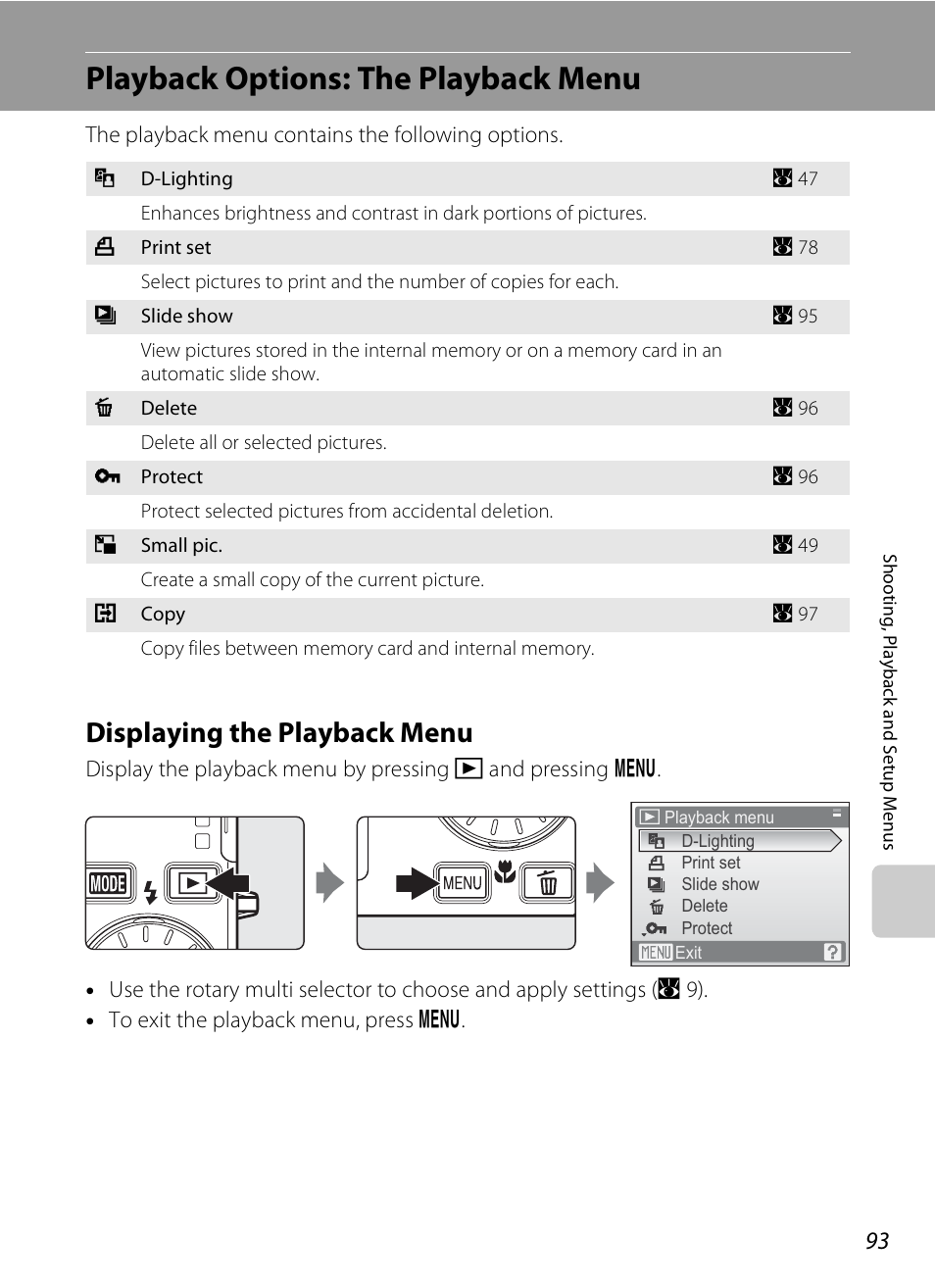 Playback options: the playback menu, Displaying the playback menu | Nikon S510 User Manual | Page 105 / 148