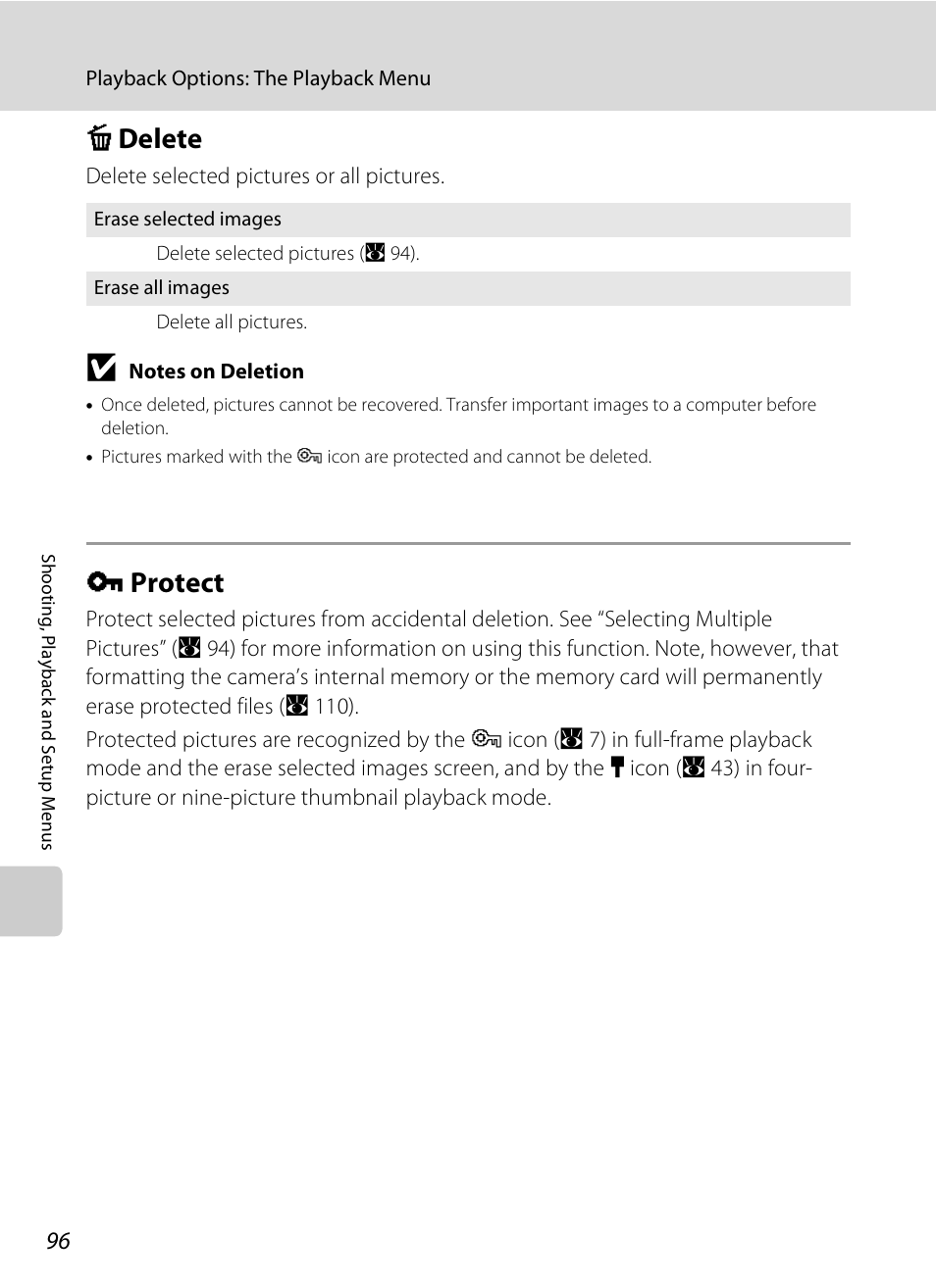 Delete, Protect, A 96 | A 96), C delete, D protect | Nikon S510 User Manual | Page 108 / 148