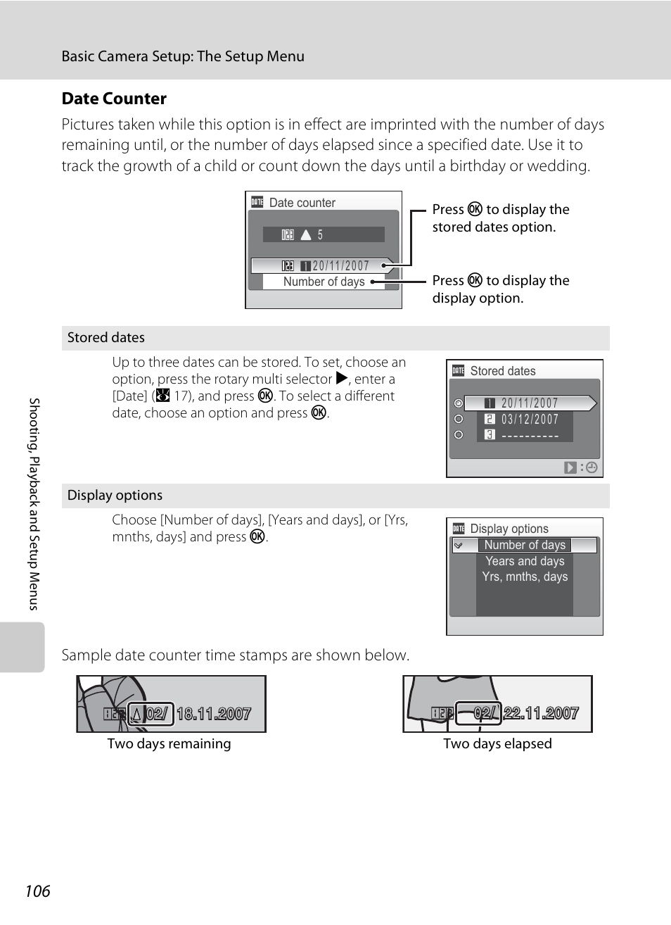 Date counter | Nikon S510 User Manual | Page 118 / 148