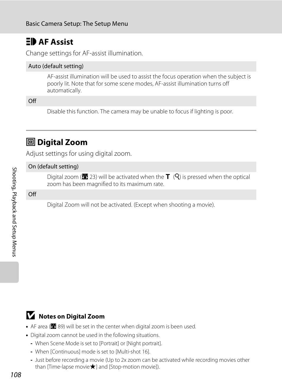 Af assist, Digital zoom, A 108) | A 108, H af assist, U digital zoom | Nikon S510 User Manual | Page 120 / 148
