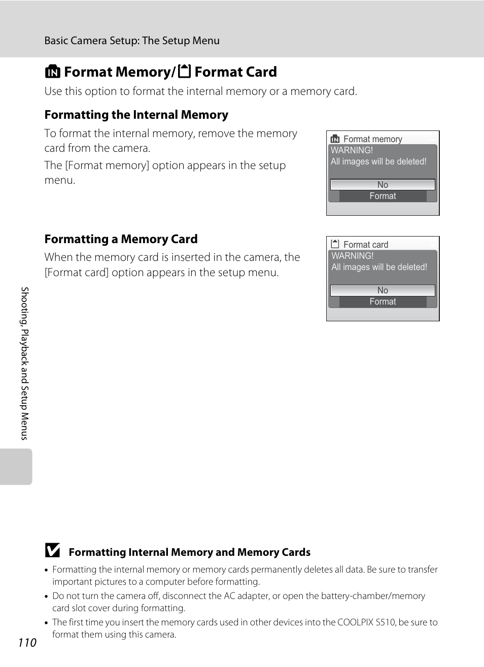 Format memory/ format card, L fo, A 110) | A 110 | Nikon S510 User Manual | Page 122 / 148