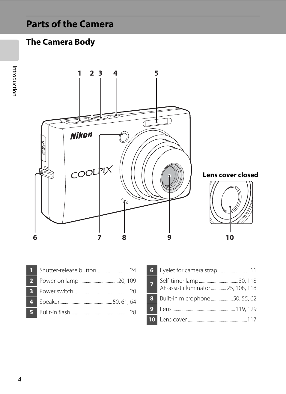 Parts of the camera, The camera body | Nikon S510 User Manual | Page 16 / 148