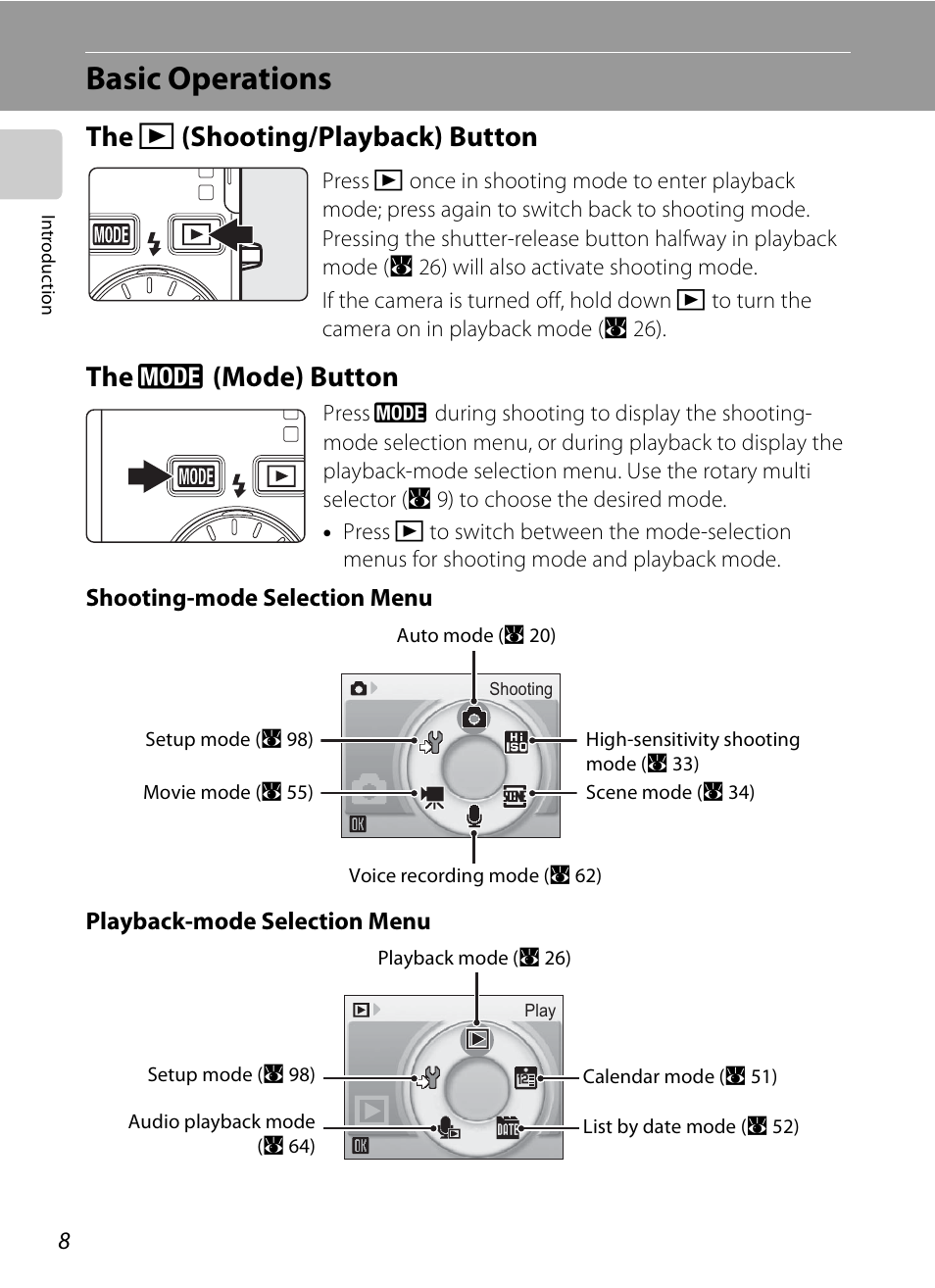 Basic operations, The shooting/playback button, The mode button | Nikon S510 User Manual | Page 20 / 148