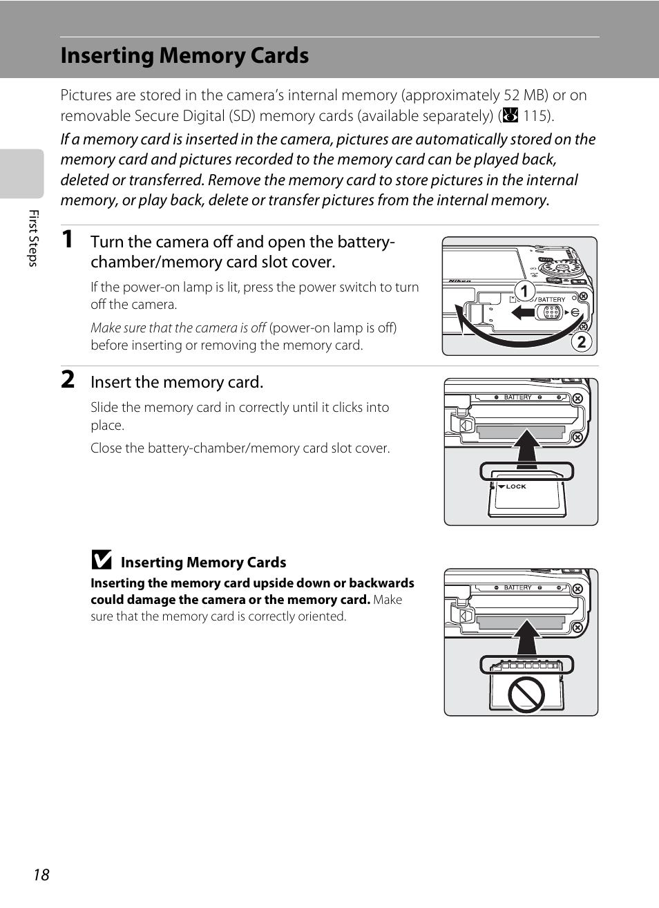 Inserting memory cards | Nikon S510 User Manual | Page 30 / 148