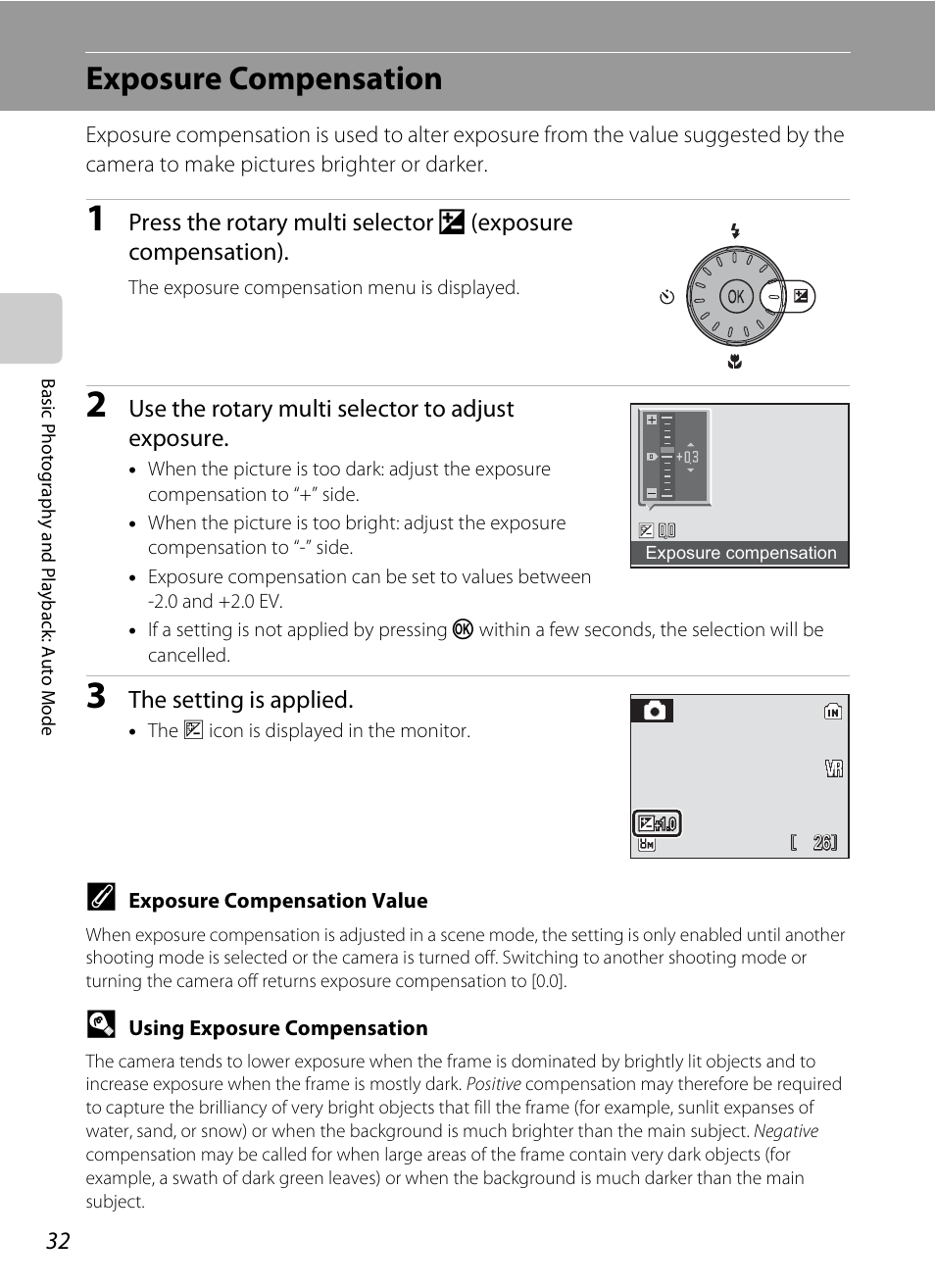 Exposure compensation, A 32) me, A 32) | Nikon S510 User Manual | Page 44 / 148