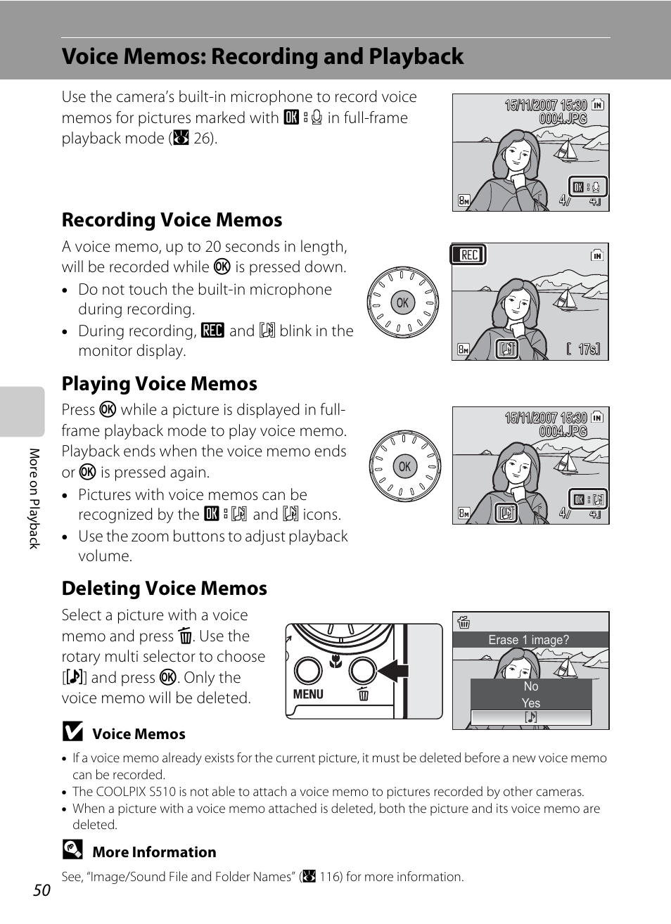 Voice memos: recording and playback, Recording voice memos, Playing voice memos | Deleting voice memos | Nikon S510 User Manual | Page 62 / 148