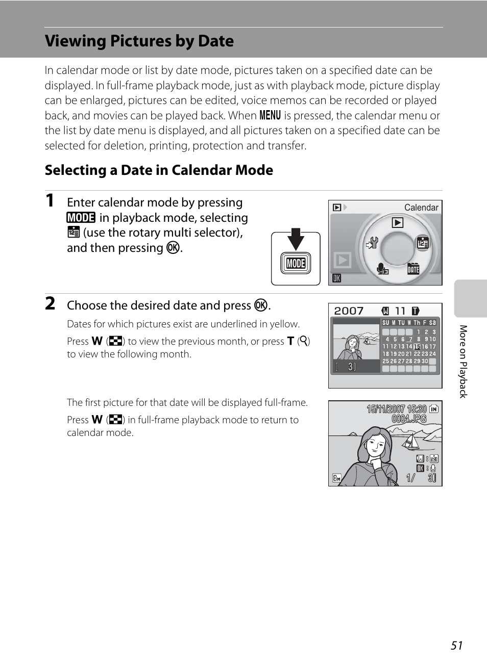 Viewing pictures by date, Selecting a date in calendar mode, A 51) | Nikon S510 User Manual | Page 63 / 148