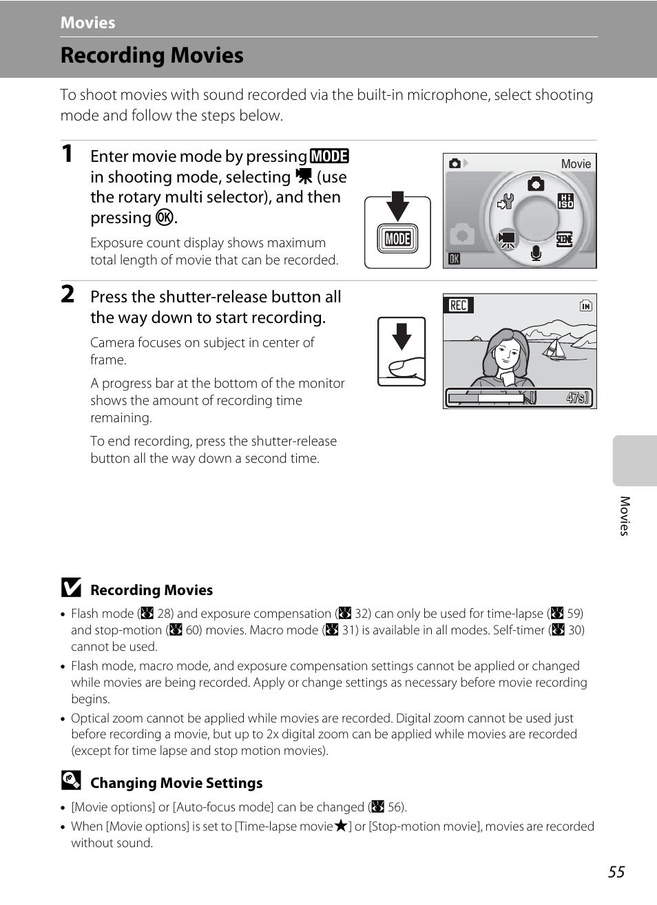 Movies, Recording movies, A 55) | Nikon S510 User Manual | Page 67 / 148